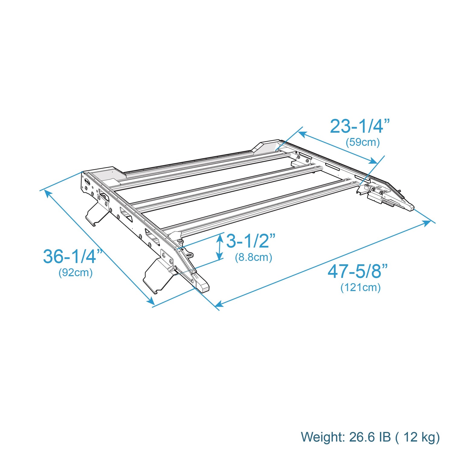 Technical diagram of the EZ4X4 Middle Panel Roof Rack Holder for 4-Door Ford Broncos labeled with its dimensions.