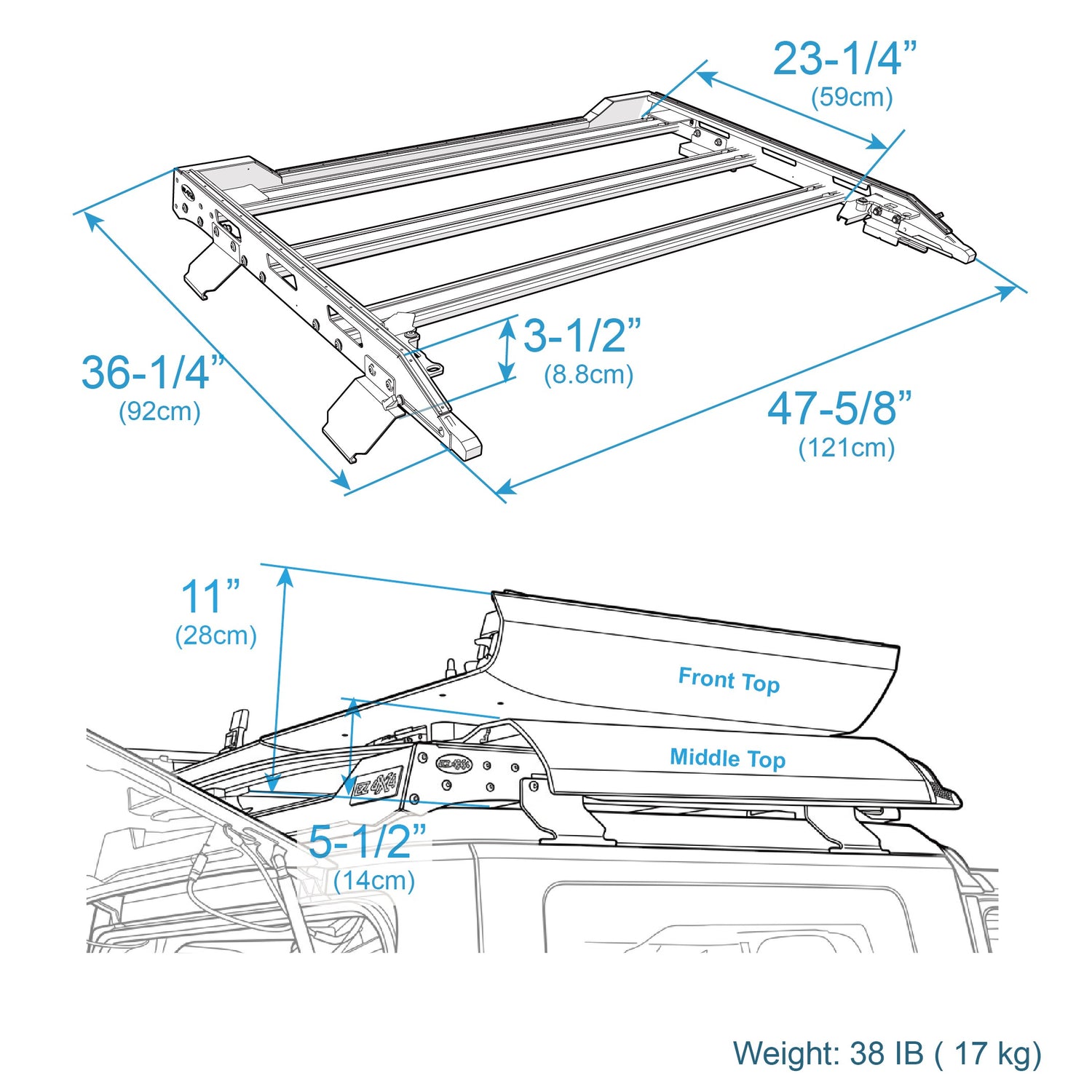 Technical diagram of the EZ4X4 EZ FlipTop and Middle Panel Roof Rack Holder for 4-Door Ford Broncos shown with labeled dimensions.