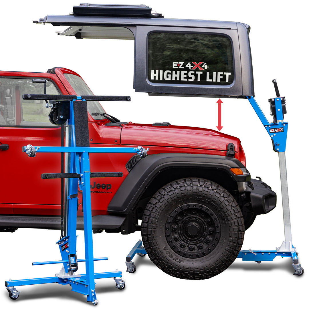 EZ4X4 Hard Top Remover Lift with “Highest Lift” branding, shown safely lifting the hardtop off a red Jeep Wrangler.