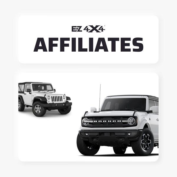 EZ4X4 Affiliates promotional graphic featuring the text “EZ4X4 Affiliates” above images of a white Jeep Wrangler and a white Ford Bronco on a clean white background.