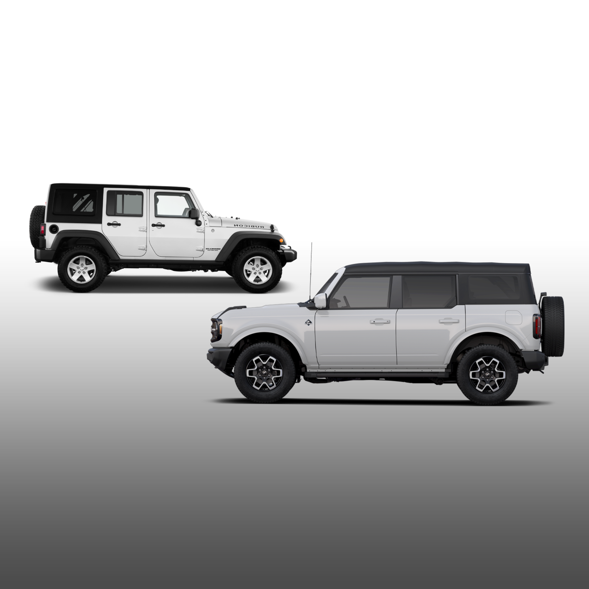 Side view of a white Jeep Wrangler and white Ford Bronco displayed side by side on a clean white background.