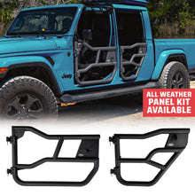 Jeep Gladiator shown with installed EZ4x4 Phantom Tube Doors in black, highlighting the All Weather Panel Kit availability.