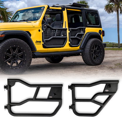 Yellow 4-door Jeep with Alpha tube doors and panels, plus close-up of doors on white background showing rugged design.