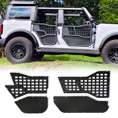 Black aluminum tube doors with all-weather panels for Ford Bronco, shown separately and installed on vehicle.