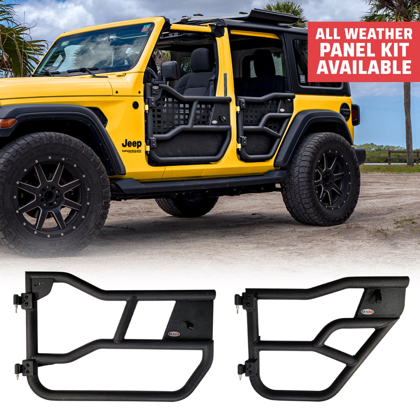 Yellow 4-door Jeep with Alpha tube doors and all-weather panels, showing durable, off-road-ready protection.