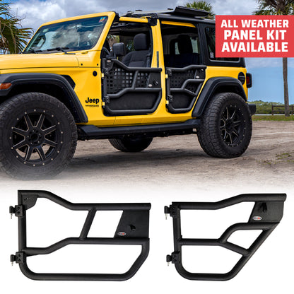 Yellow 4-door Jeep with Alpha tube doors and all-weather panels, showing durable, off-road-ready protection.