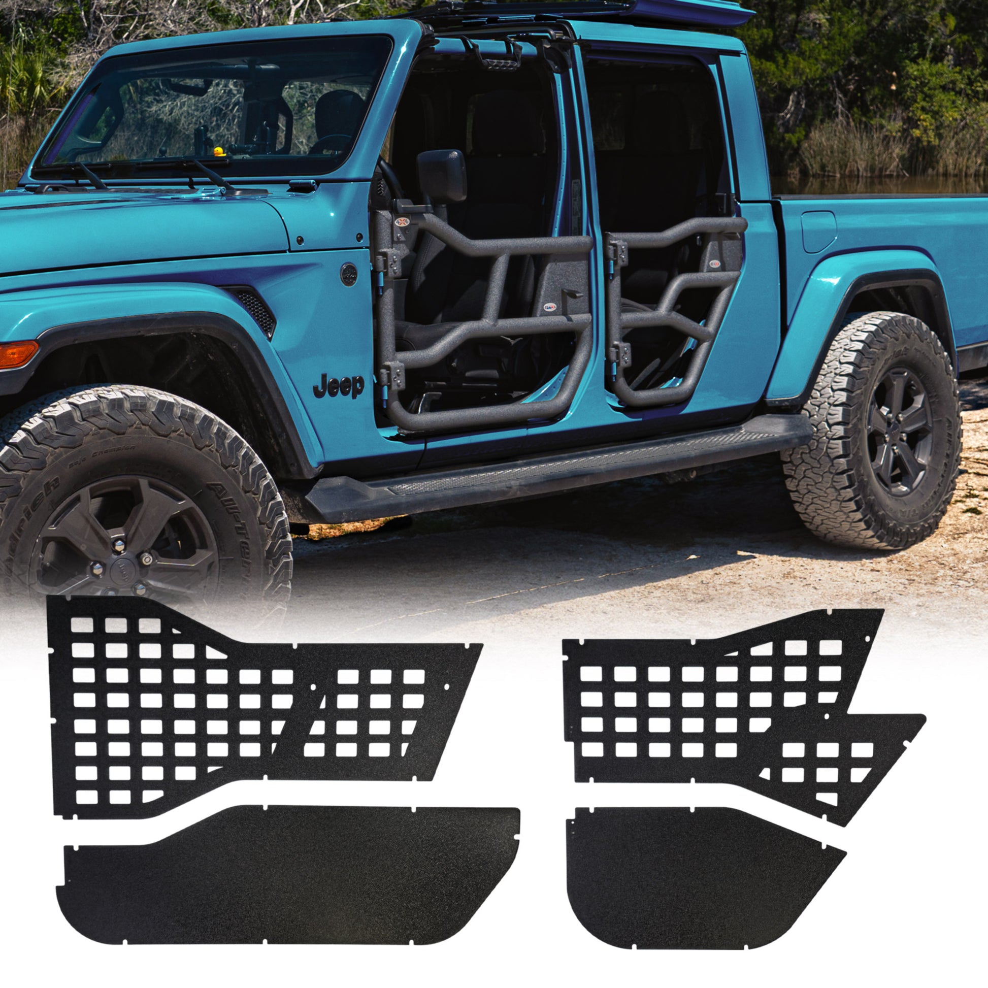 Blue Jeep Gladiator (JT) equipped with EZ4X4 Alpha Tube Doors, with a MOLLE panel set displayed in the foreground.