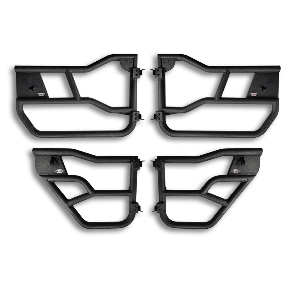 Close-up of black aluminum Alpha tube doors highlighting sleek design, rugged build, and detailed craftsmanship.