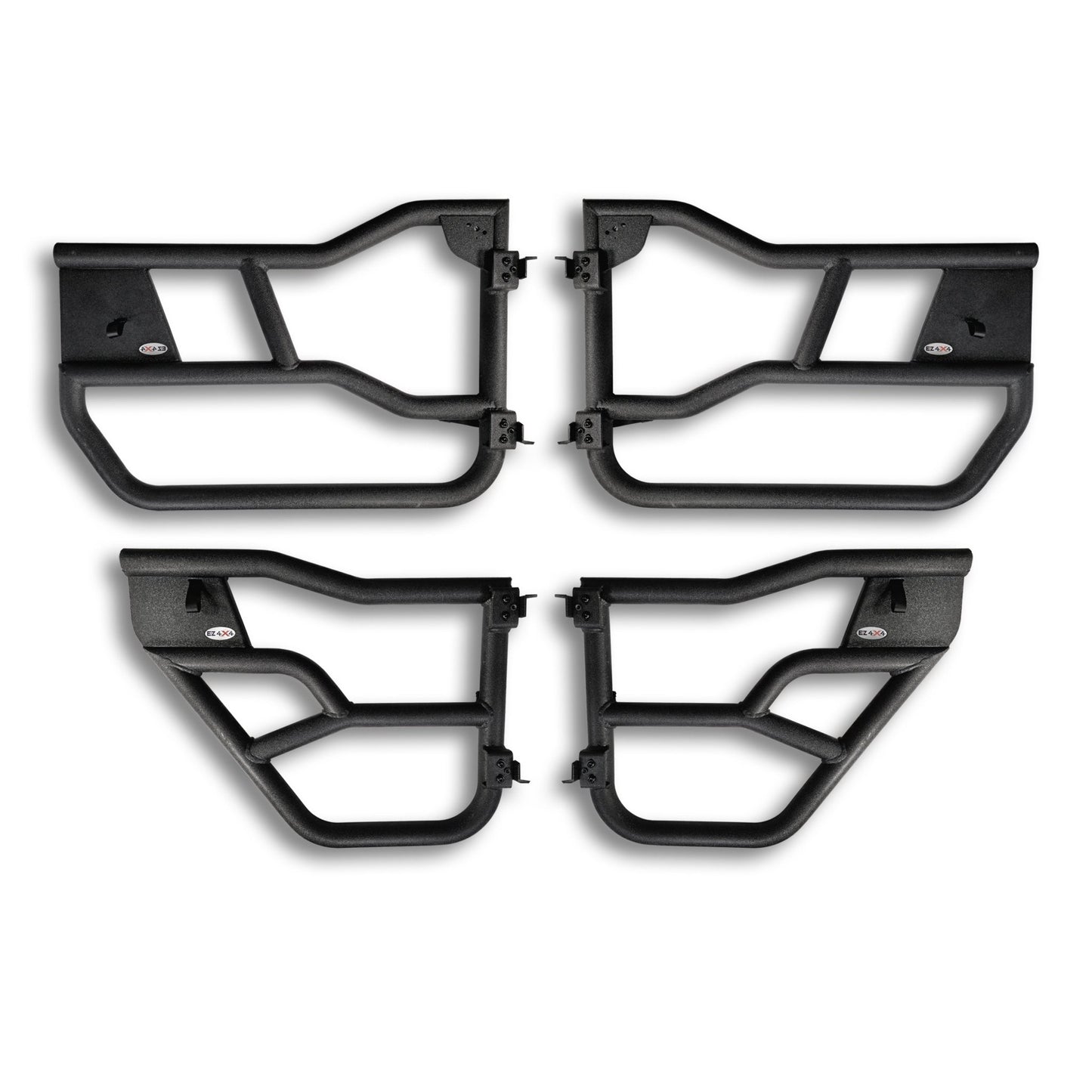 Close-up of black aluminum Alpha tube doors highlighting sleek design, rugged build, and detailed craftsmanship.