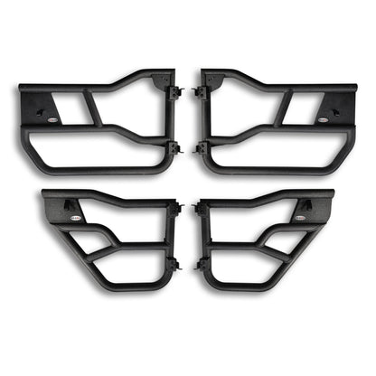 Close-up images of black aluminum Alpha doors for Ford Broncos, showcasing durable construction and detailed design features.