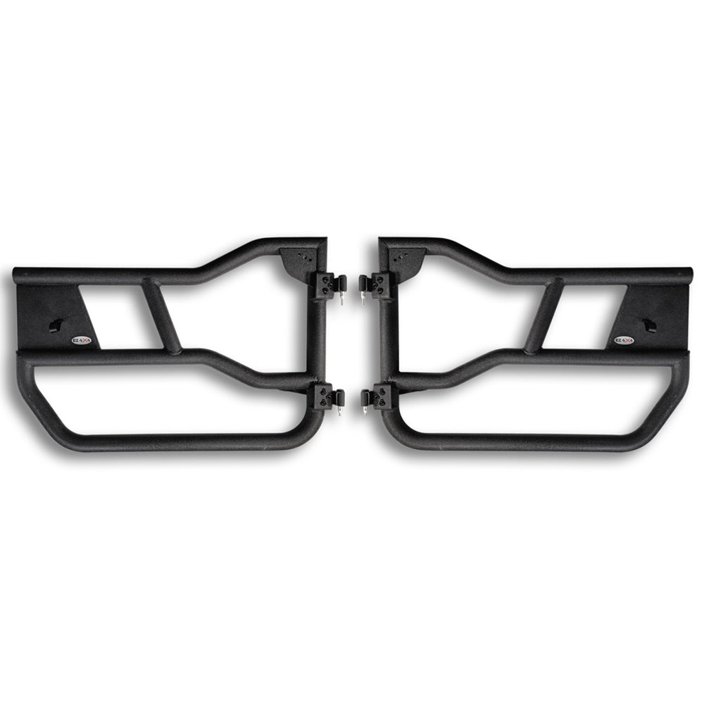 Black aluminum Alpha tube doors close-up showing sleek design, rugged construction, and precise craftsmanship.