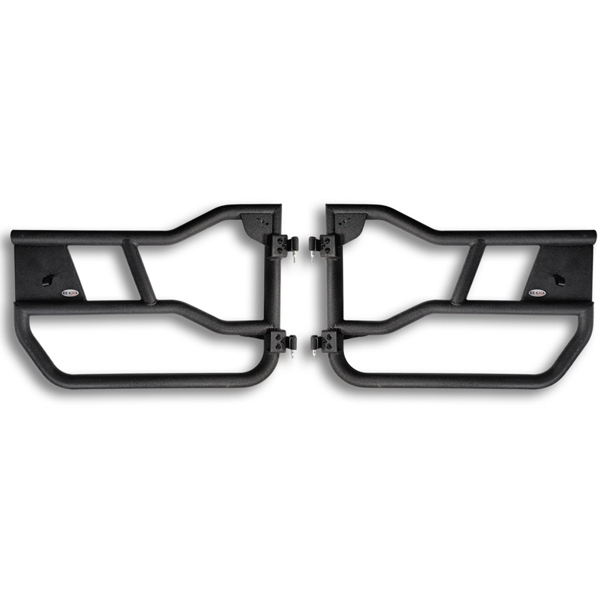 Black aluminum Alpha tube doors close-up showing sleek design, rugged construction, and precise craftsmanship.