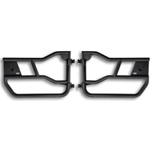 Black aluminum Alpha tube doors close-up showing sleek design, rugged construction, and precise craftsmanship.