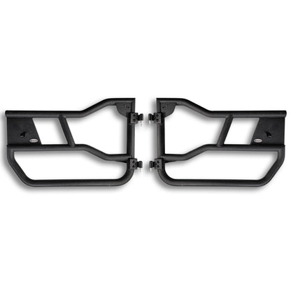 Black aluminum Alpha tube doors close-up showing sleek design, rugged construction, and precise craftsmanship.