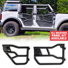 Black aluminum full tube doors for Ford Bronco shown off-vehicle and installed on white Bronco, highlighting rugged design.