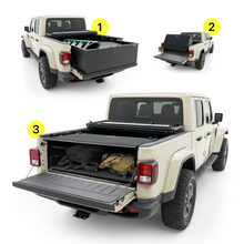 EZ4X4 Tailgate Extender and Secure Bed Box shown in three configurations on a tan Jeep Gladiator.