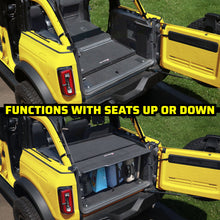 Two-panel graphic showing the EZ4X4 Extreme EZTRUNK in a yellow Ford Bronco with the rear seats up and folded down.
