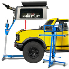EZ4X4 Hard Top Remover Lift shown at highest lift height above a yellow Ford Bronco and folded in the foreground.
