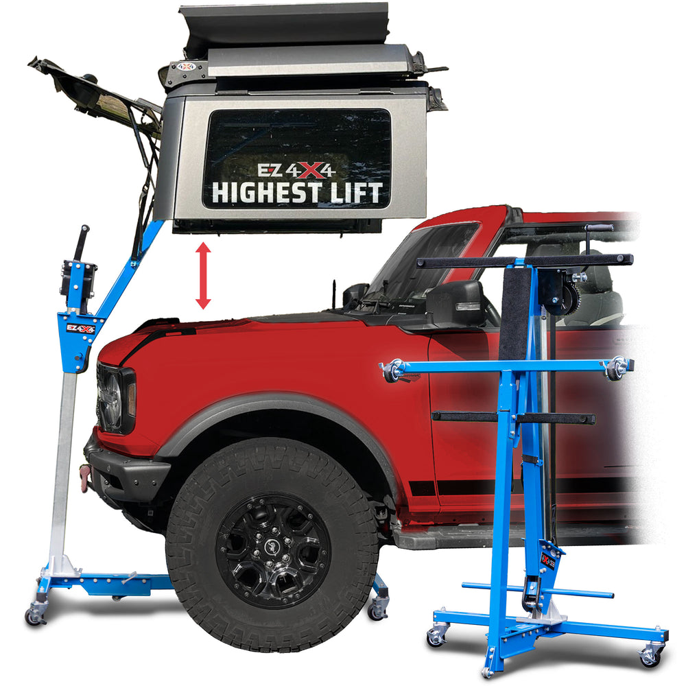 EZ4X4 Hard Top Remover Lift with “Highest Lift” branding, shown safely lifting the hardtop off a red Ford Bronco.