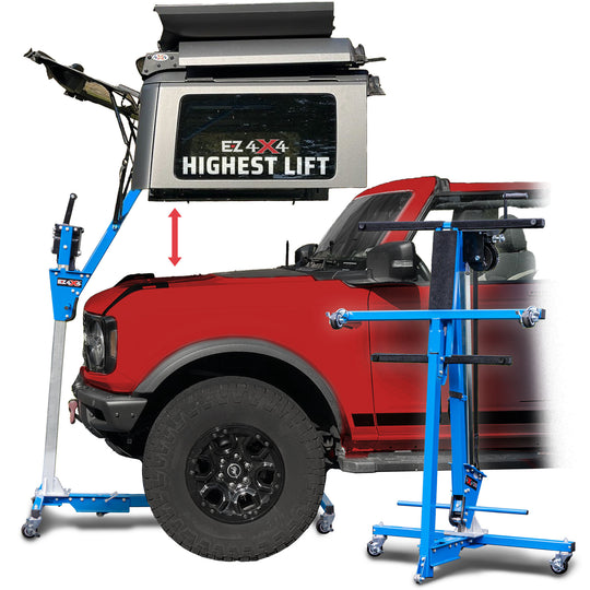 EZ4X4 Hard Top Remover Lift with “Highest Lift” branding, shown safely lifting the hardtop off a red Ford Bronco.
