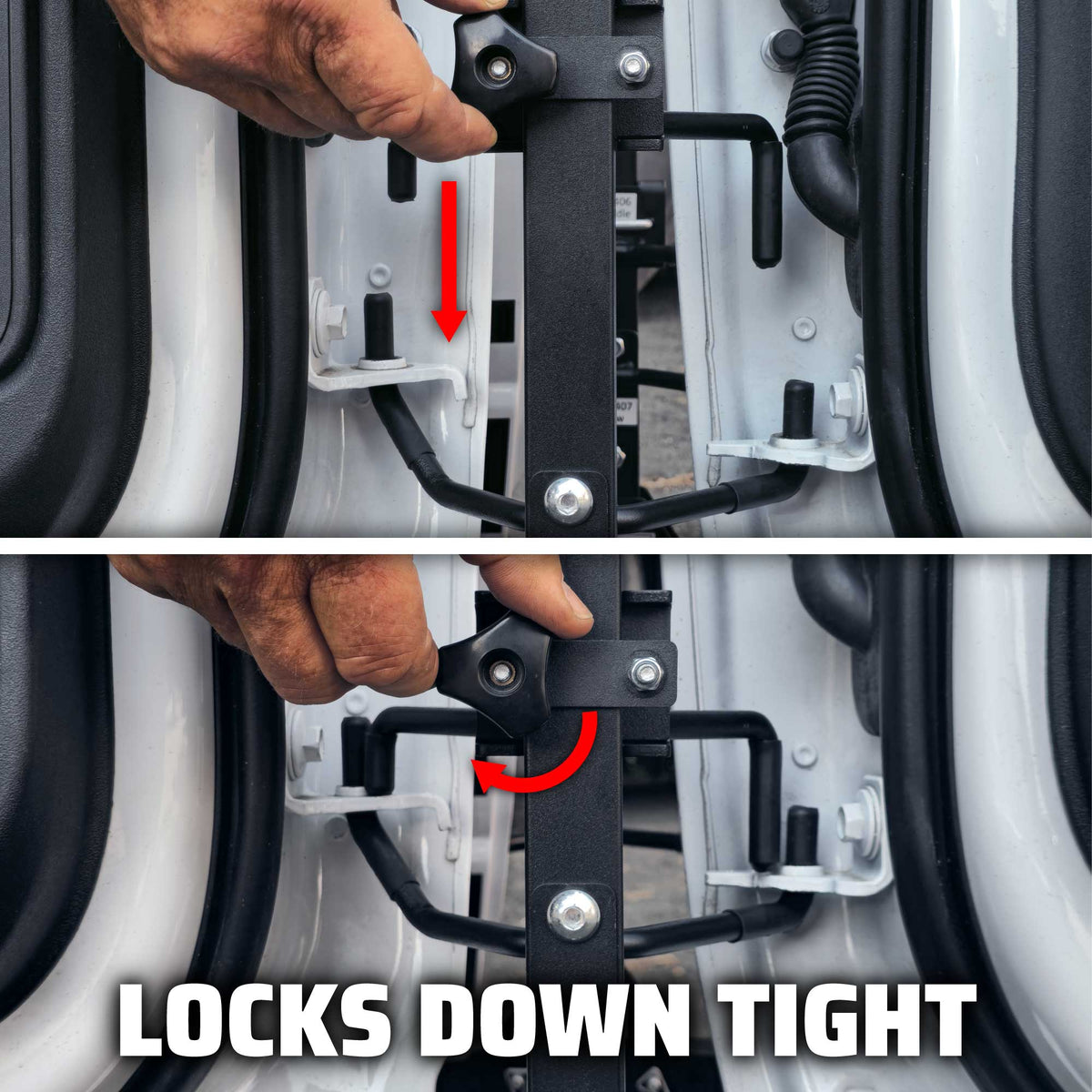 Alt text: Two-panel collage showing a hand lowering and turning the locking lever on an EZ4X4 Bronco Door Cart to hold stored doors in place.