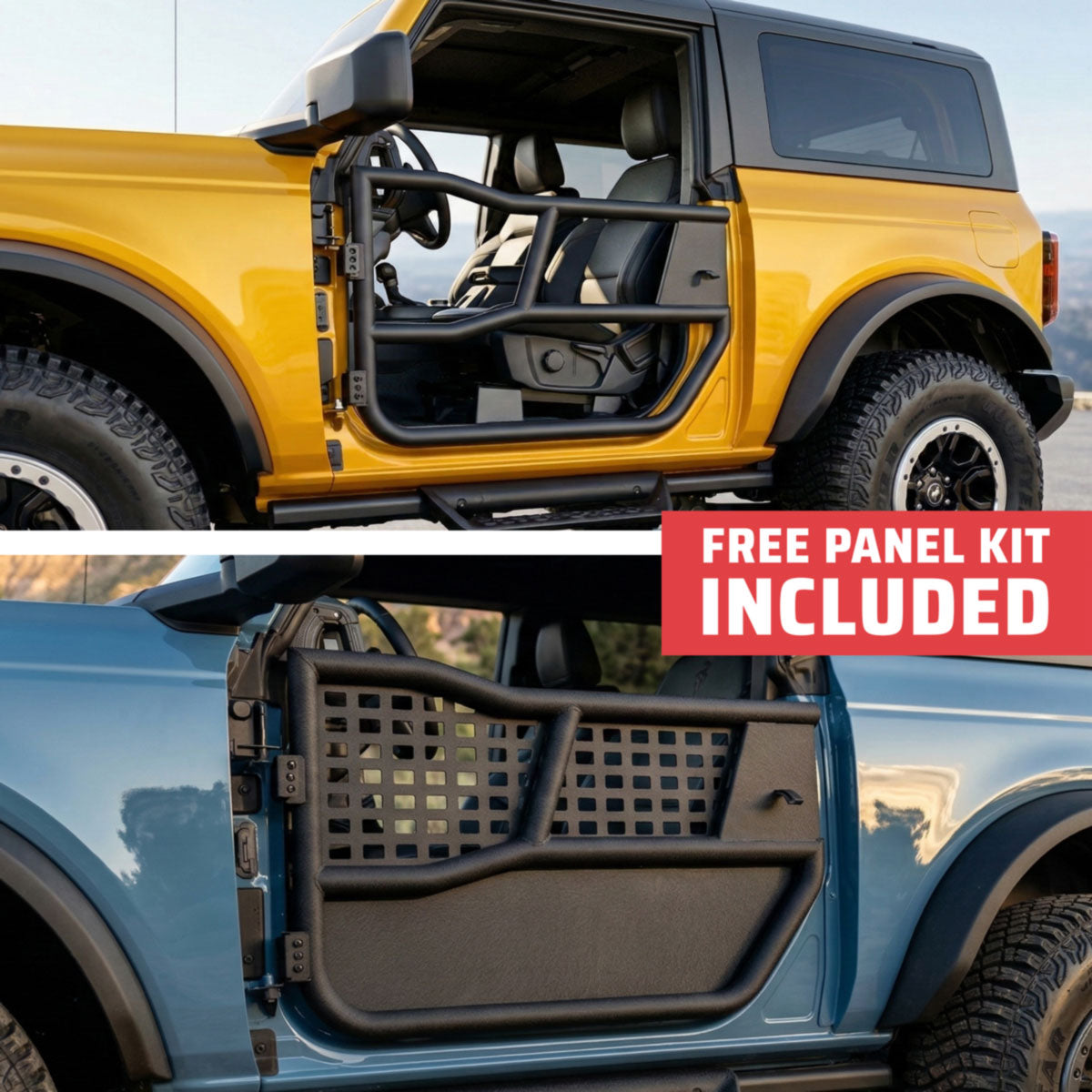 Yellow and blue 2-door Ford Broncos with EZ4X4 Alpha Tube Doors, blue model showing MOLLE Panel Set, free panel kit included.