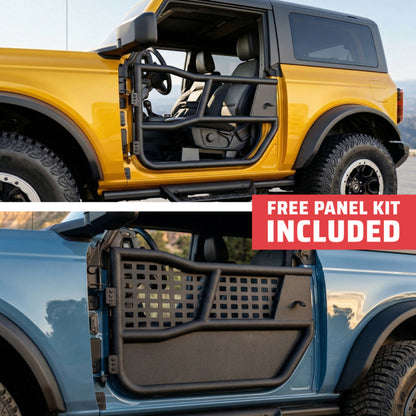 Yellow and blue 2-door Ford Broncos with EZ4X4 Alpha Tube Doors, blue model showing MOLLE Panel Set, free panel kit included.