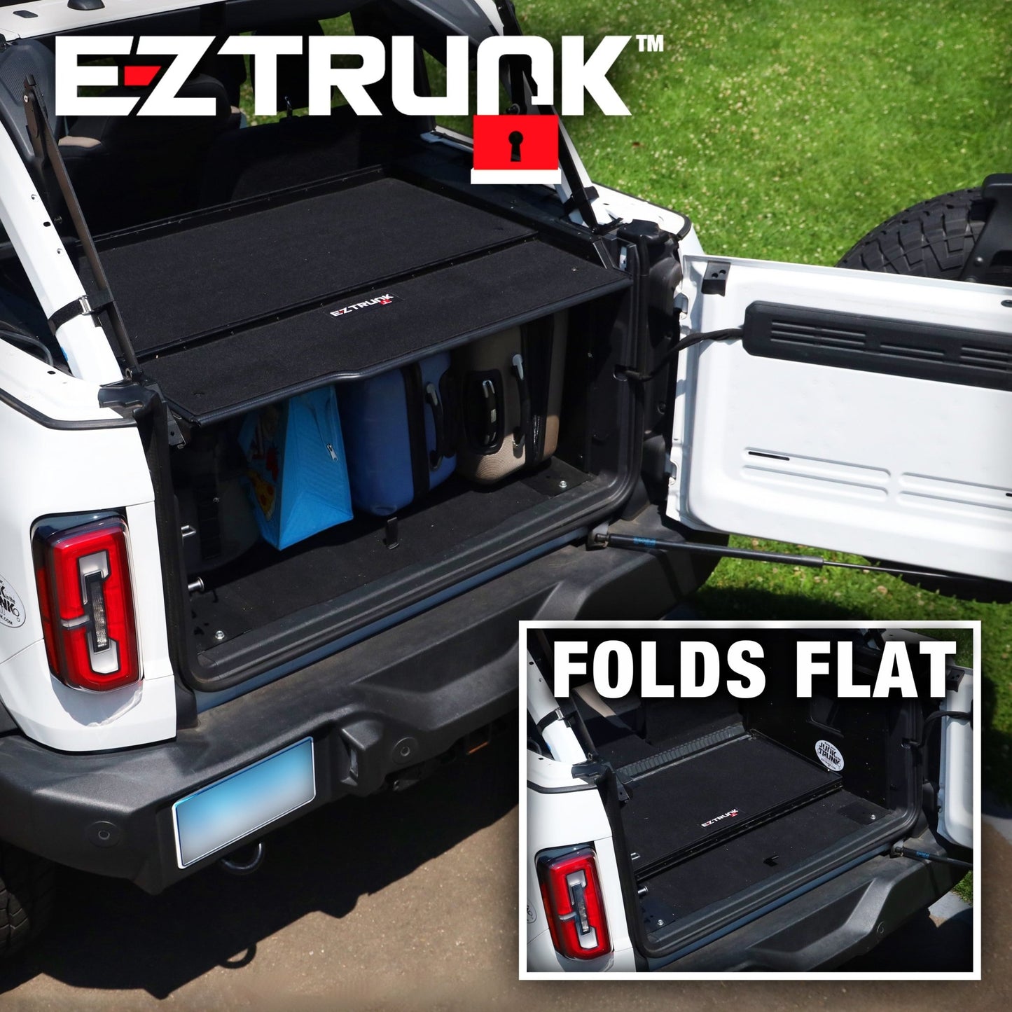 White Ford Bronco with EZ Trunk bed cover folded flat, showcasing sleek 'Folds Flat' design for secure cargo protection.
