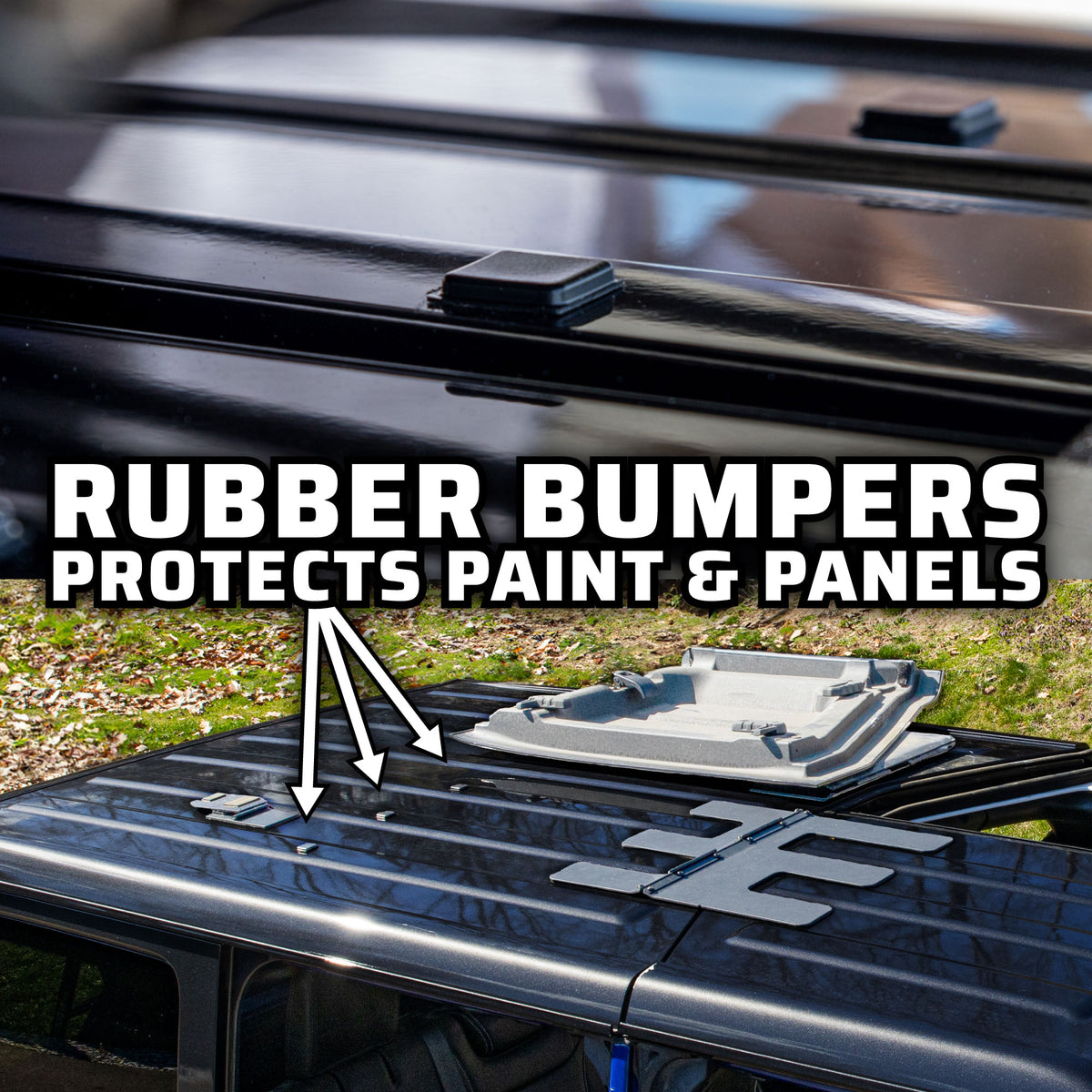 Collage showing rubber bumpers on a Jeep, with an overhead view of the roof panels and a close-up of the bumpers along the panel edge.