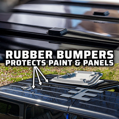 Collage showing rubber bumpers on a Jeep, with an overhead view of the roof panels and a close-up of the bumpers along the panel edge.