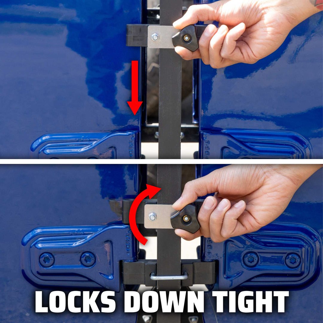 Close-up of the EZ4X4 Door Cart's patented locking system securing a Jeep door, demonstrating how it locks down tight (bottom panel text).