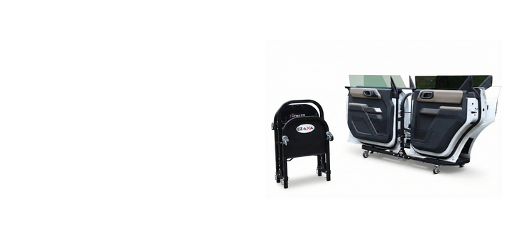 Black EZ4X4 door cart shown folded and unfolded, holding four white Ford Bronco doors.