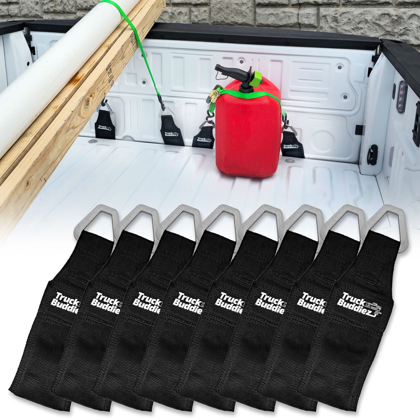 8-pack Truck Buddiez Bed Anchor straps with logo securing cargo, like red cooler, to truck tailgate for safe transport.