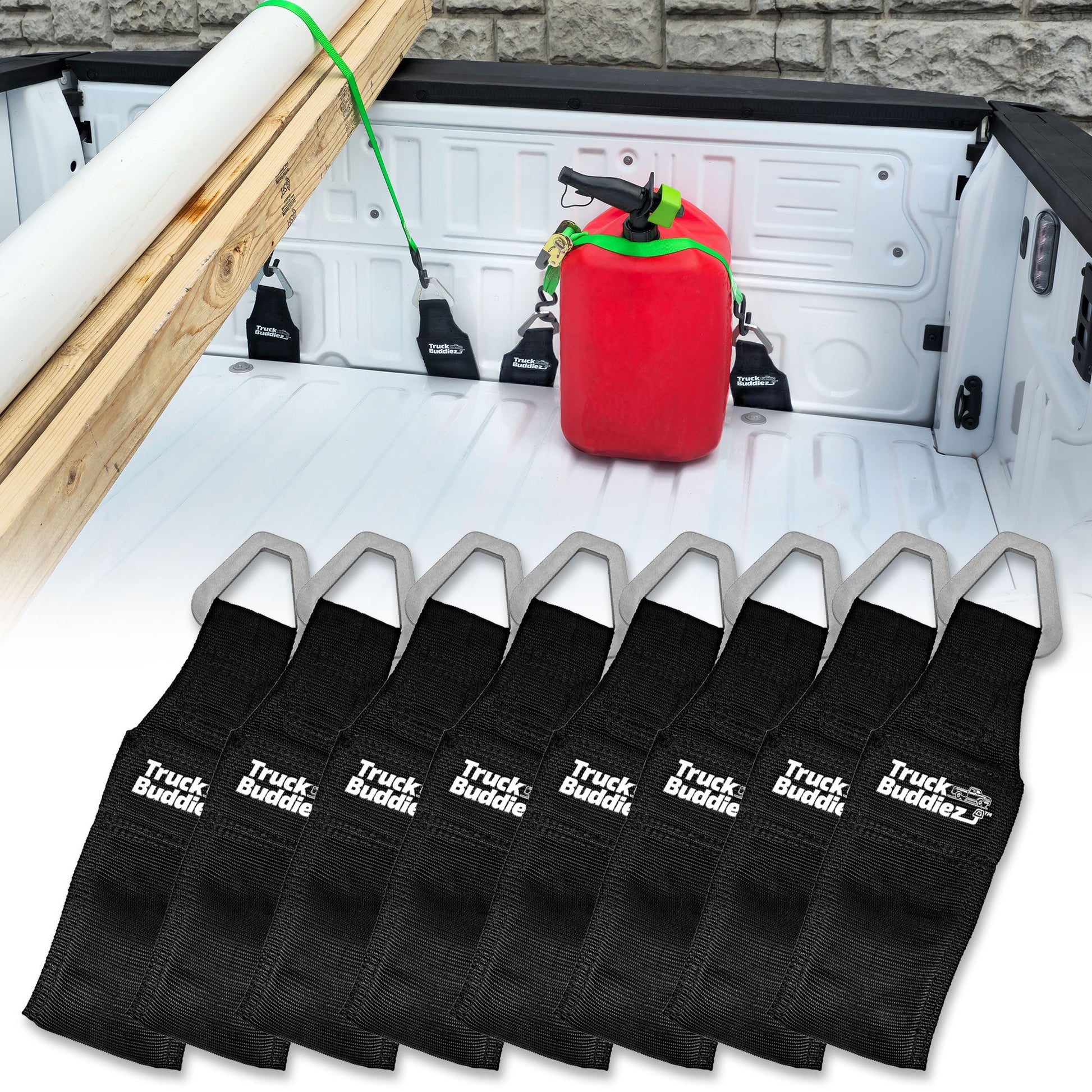 8-pack Truck Buddiez Bed Anchor straps with logo securing cargo, like red cooler, to truck tailgate for safe transport.
