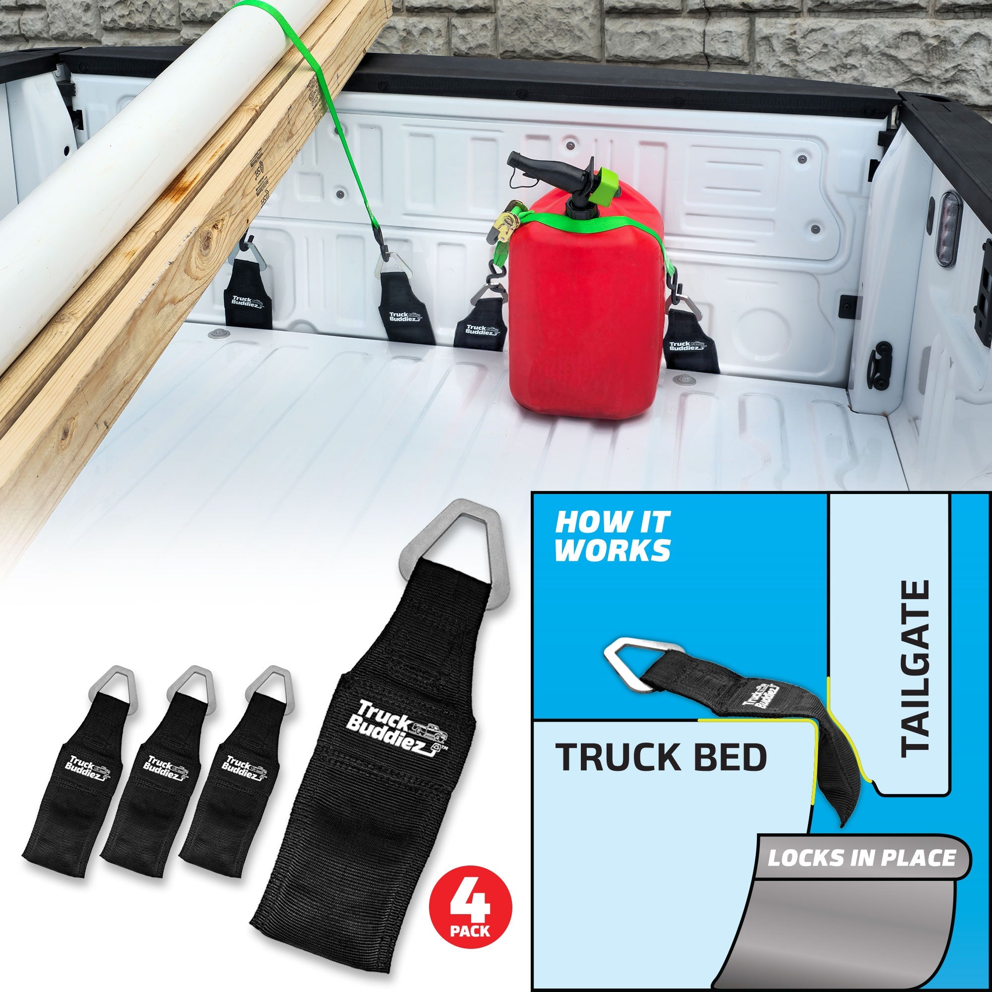 4-pack Truck Buddiez Bed Anchor straps with logo securing red cooler to truck tailgate for safe cargo transport.