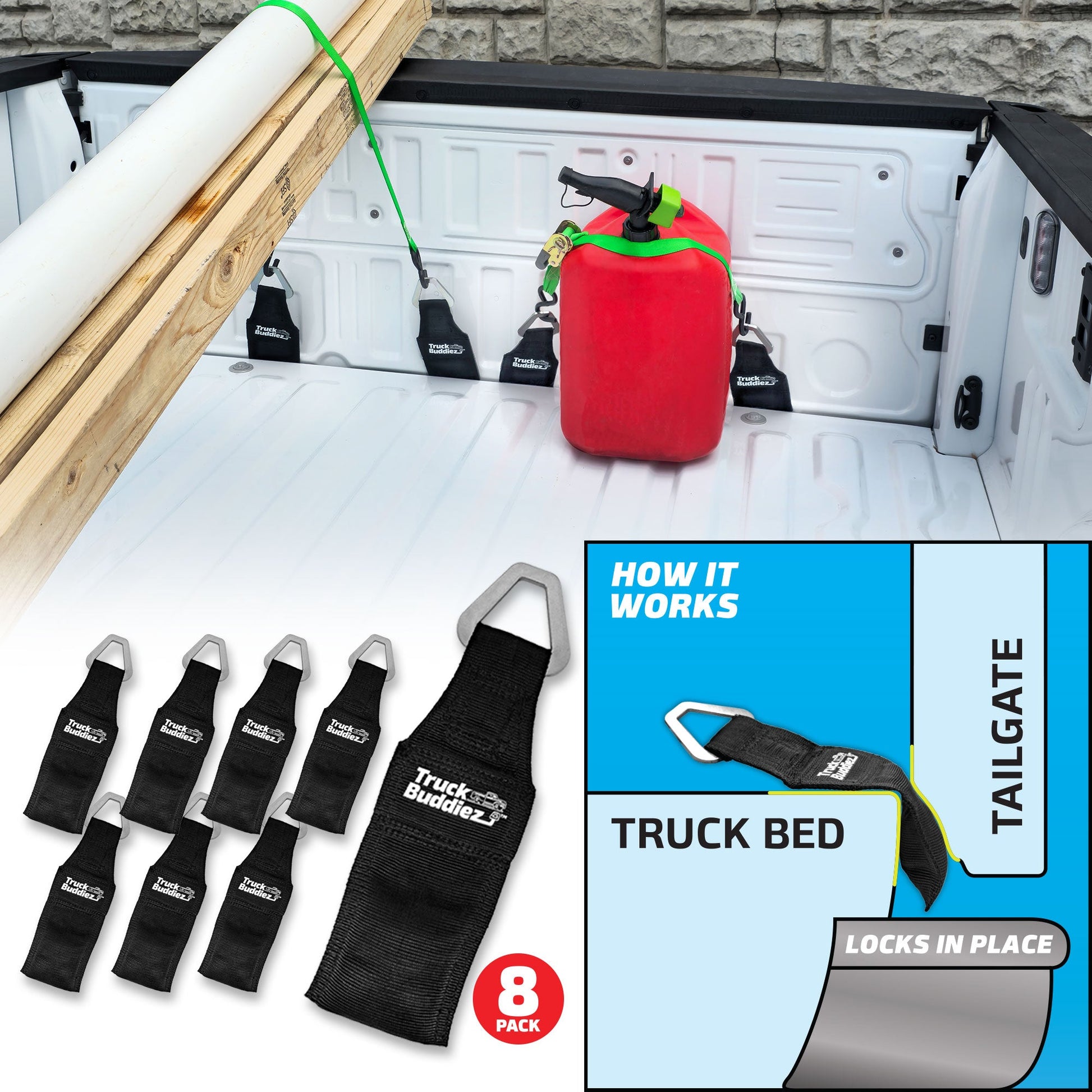 8-pack Truck Buddiez Bed Anchor straps with logo securing red cooler to truck tailgate for safe cargo transport.