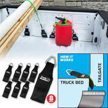 8-pack Truck Buddiez Bed Anchor straps with logo securing red cooler to truck tailgate for safe cargo transport.
