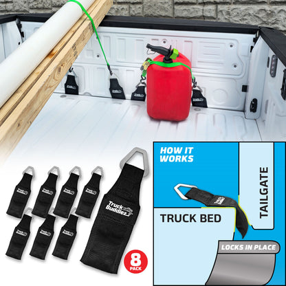 8-pack Truck Buddiez Bed Anchor straps with logo securing red cooler to truck tailgate for safe cargo transport.
