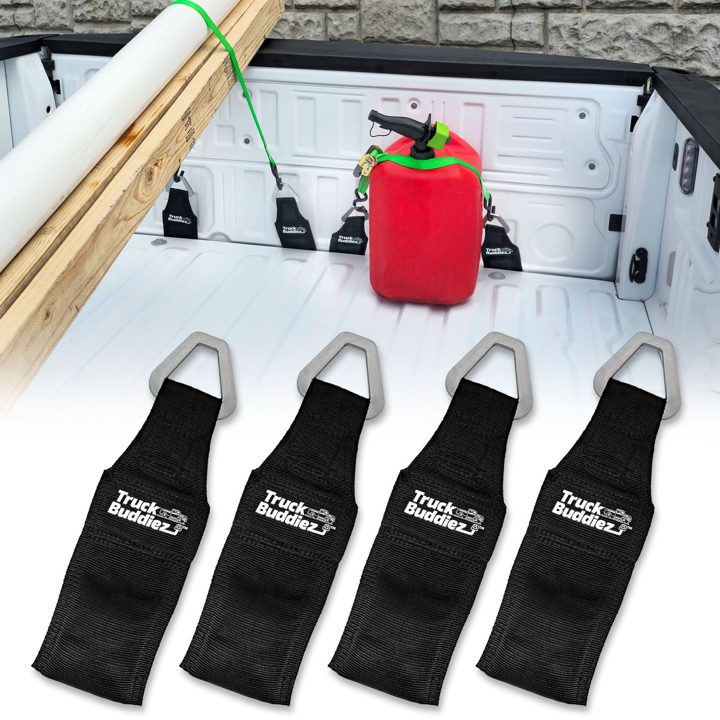 2-pack Truck Buddiez Bed Anchor straps with logo securing red cooler to truck tailgate for safe cargo transport.