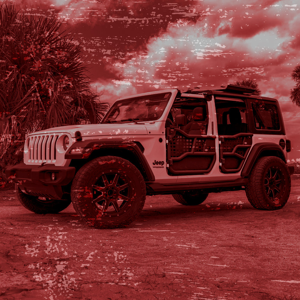 White Jeep Wrangler with EZ4X4 aluminum Alpha Tube Doors bathed in a high-contrast, infrared-style red filter.