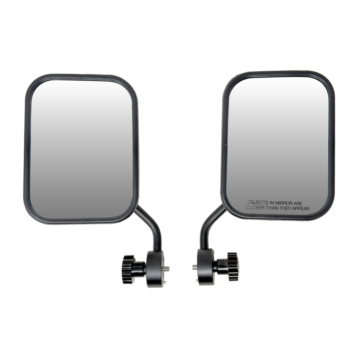 Pair of EZ4X4 black side mirrors with adjustable mounting brackets for Jeep tube doors.