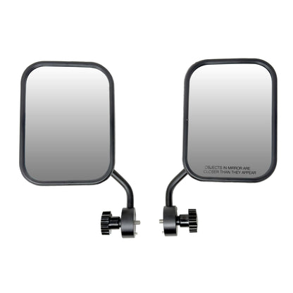 Pair of EZ4X4 black side mirrors with adjustable mounting brackets for Jeep tube doors.