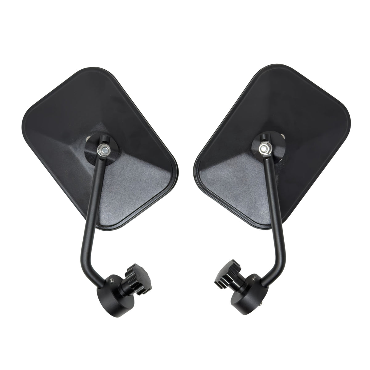 Rear view of EZ4X4 black side mirrors with adjustable mounting brackets for Jeep tube doors.