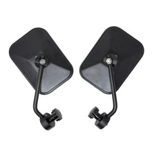 Rear view of EZ4X4 black side mirrors with adjustable mounting brackets for Jeep tube doors.