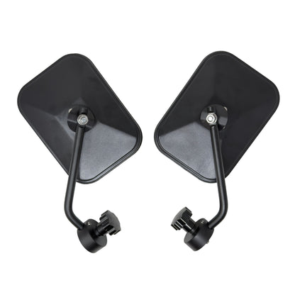Rear view of EZ4X4 black side mirrors with adjustable mounting brackets for Jeep tube doors.