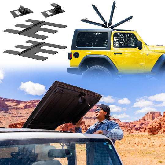 Collage showcasing the EZ4X4 EZ FlipTop system for a Jeep Wrangler, including black powder-coated hinge hardware, a diagram illustrating the freedom panels flipping back, and a man lifting a freedom panel on a Wrangler.