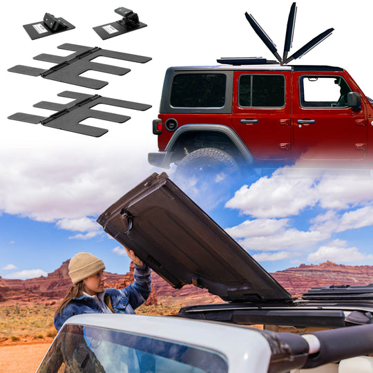Collage showcasing the EZ4X4 EZ FlipTop system for a Jeep Wrangler, including black powder-coated hinge hardware, a diagram illustrating the freedom panels flipping back, and a woman lifting a freedom panel on a Wrangler.