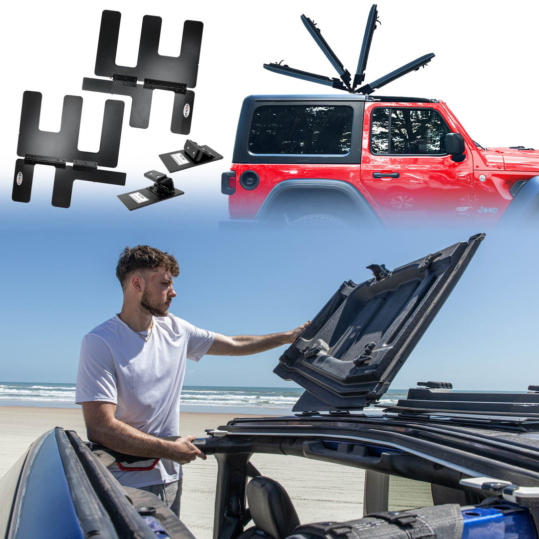 Collage showcasing the EZ4X4 EZ FlipTop system for a Jeep Wrangler, including black powder-coated hinge hardware, a diagram illustrating the freedom panels flipping back, and a man lifting a freedom panel on a Wrangler.