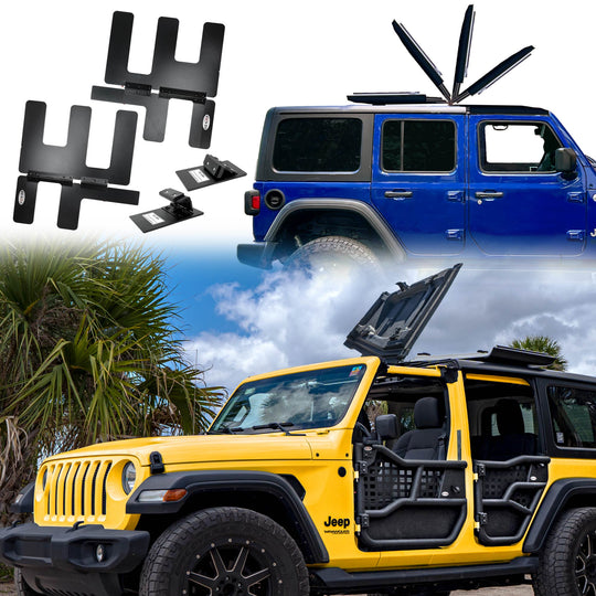 Collage showcasing the EZ4X4 EZ FlipTop system for a Jeep Wrangler, including black powder-coated hinge hardware, a diagram illustrating the freedom panels flipping back, and a freedom panel in the process of flipping back on a Wrangler.