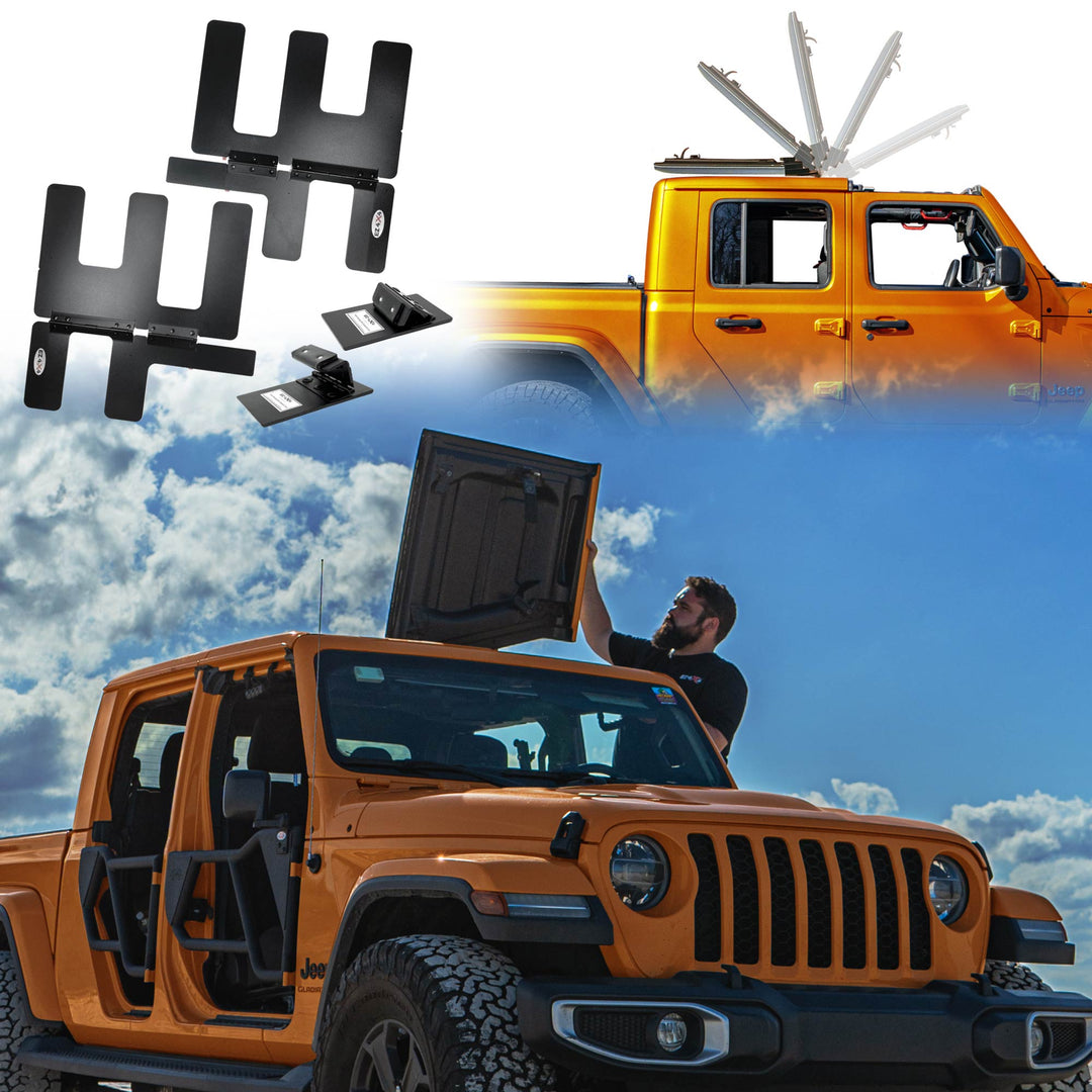 Collage showcasing the EZ4X4 EZ FlipTop system for a Jeep Gladiator, including black powder-coated hinge hardware, a diagram illustrating the freedom panels flipping back, and a man lifting a freedom panel on a Gladiator equipped with EZ4X4 Razor Tube Doors.